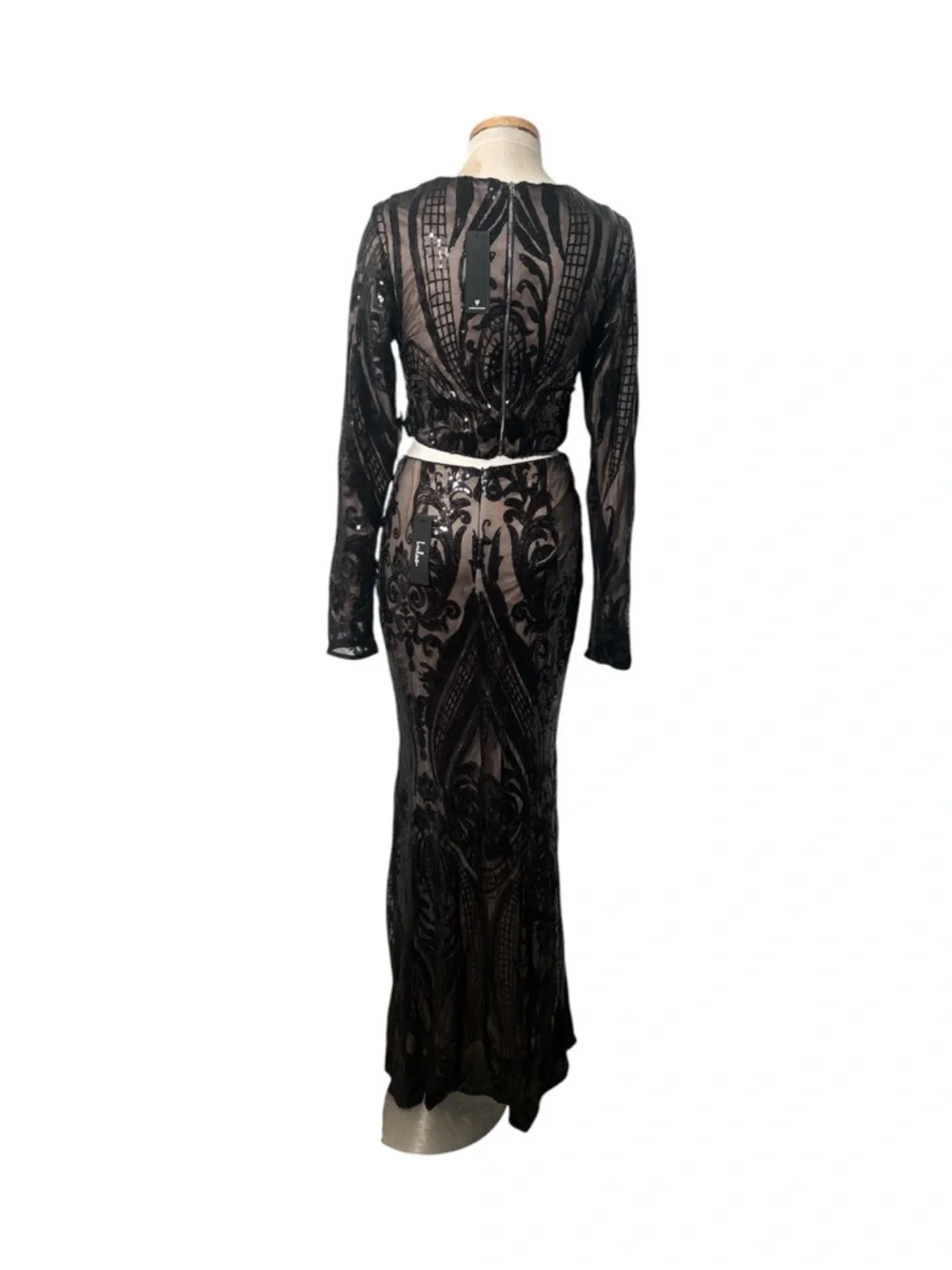 Lulu's Black Lace Sheer Embroidered Two-Piece Gown with Side Slit Size Small NEW - Picture 5 of 10